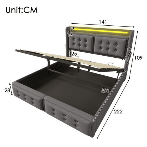 Cama de casal estofada 140x200 - cabeceira LED, função de carregamento USB C, hidráulica, estrado de madeira e metal, 300 kg - Cinza
