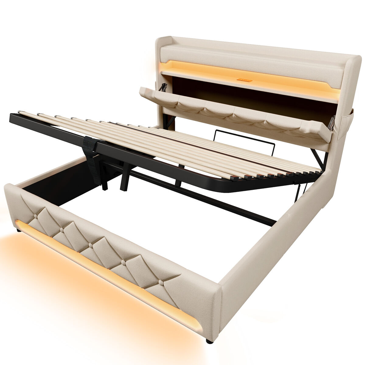 Cama doble 160x200 - cabecero con almacenamiento, puertos usb y tipo c, led 360 grados - beige