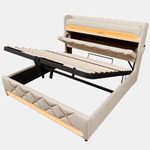 Cama de casal 160x200 - Cabeceira com arrumação, portas USB e Tipo C, LED 360 graus - Bege