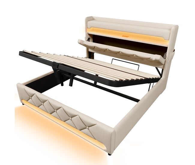Cama doble 160x200 - cabecero con almacenamiento, puertos usb y tipo c, led 360 grados - beige