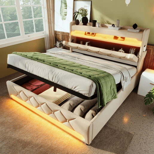 Cama de casal 160x200 - Cabeceira com arrumação, portas USB e Tipo C, LED 360 graus - Bege