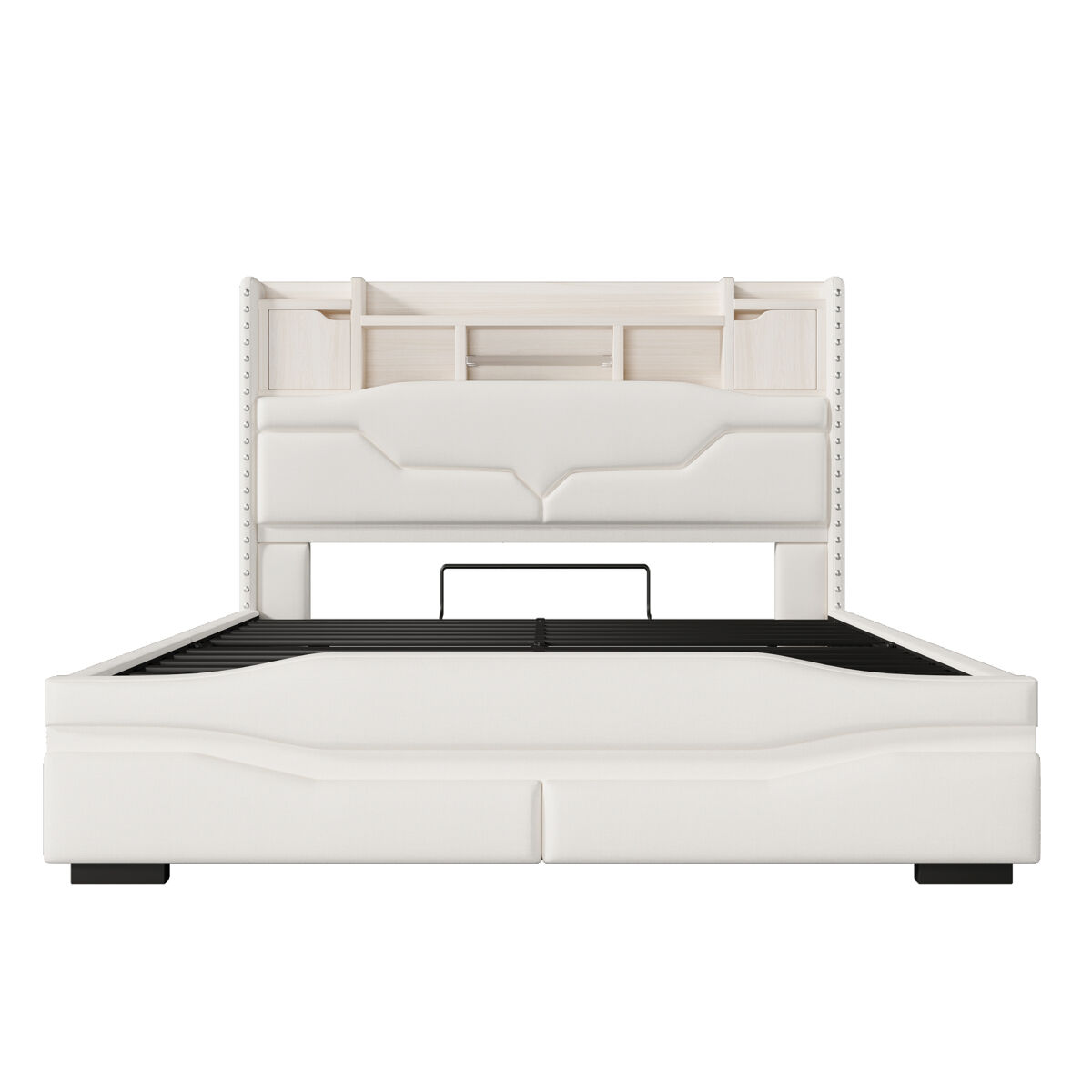 Cama polsterbett 140x200cm - carga usb, luz ambiental controlada por remoto, cabecera con almacenamiento, cama hidráulica, beige