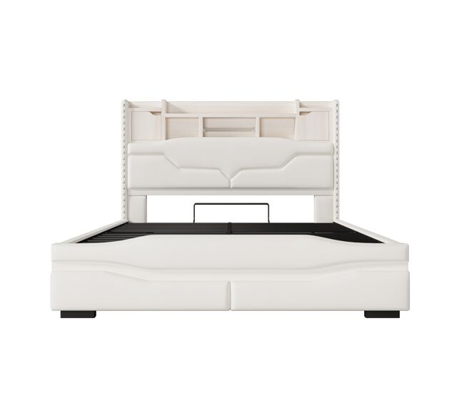 Cama polsterbett 140x200cm - carga usb, luz ambiental controlada por remoto, cabecera con almacenamiento, cama hidráulica, beige