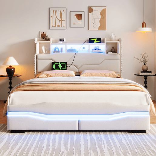 Cama Polsterbett 160x200cm - com função de carregamento USB, luz ambiente controlada por comando remoto, cabeceira com arrumação, cama hidráulica, sem colchão, com luzes LED - Cinza