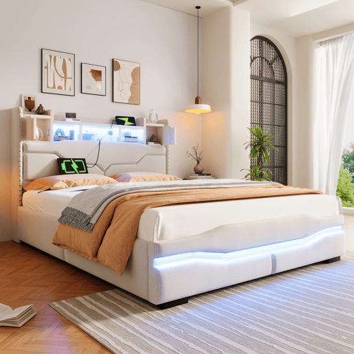 Cama Polsterbett 160x200cm - com função de carregamento USB, luz ambiente controlada por comando remoto, cabeceira com arrumação, cama hidráulica, sem colchão, com luzes LED - Cinza