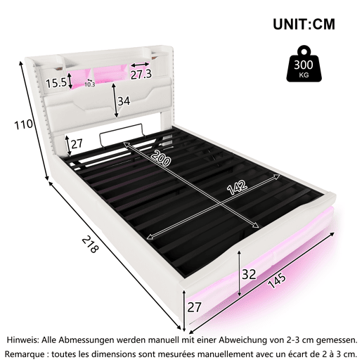 Cama Polsterbett 160x200cm - com função de carregamento USB, luz ambiente controlada por comando remoto, cabeceira com arrumação, cama hidráulica, sem colchão, com luzes LED - Cinza