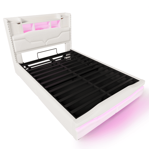 Cama Polsterbett 160x200cm - com função de carregamento USB, luz ambiente controlada por comando remoto, cabeceira com arrumação, cama hidráulica, sem colchão, com luzes LED - Cinza
