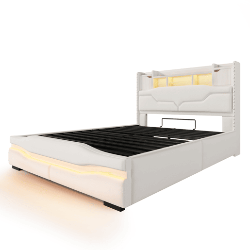 Cama Polsterbett 160x200cm - com função de carregamento USB, luz ambiente controlada por comando remoto, cabeceira com arrumação, cama hidráulica, sem colchão, com luzes LED - Cinza