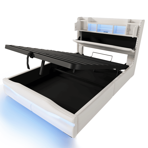 Cama Polsterbett 160x200cm - com função de carregamento USB, luz ambiente controlada por comando remoto, cabeceira com arrumação, cama hidráulica, sem colchão, com luzes LED - Cinza