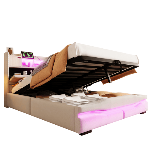 Cama Polsterbett 160x200cm - com função de carregamento USB, luz ambiente controlada por comando remoto, cabeceira com arrumação, cama hidráulica, sem colchão, com luzes LED - Cinza