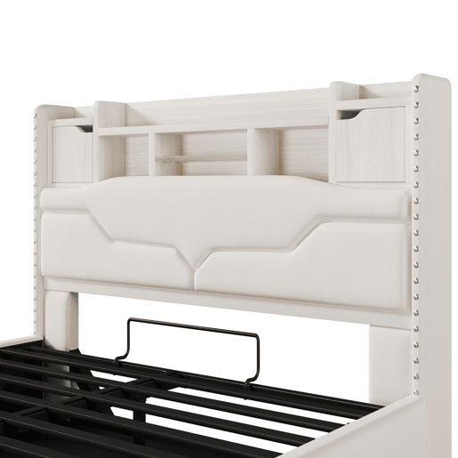 Cama Polsterbett 160x200cm - com função de carregamento USB, luz ambiente controlada por comando remoto, cabeceira com arrumação, cama hidráulica, sem colchão, com luzes LED - Cinza