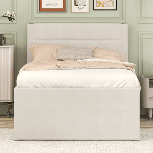 Cama articulada com estrado de ripas - 90x200 cm - tecido de linho - Bege