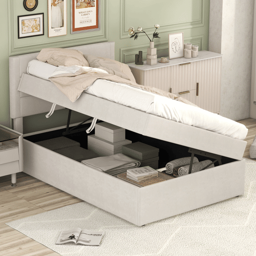 Cama articulada com estrado de ripas - 90x200 cm - tecido de linho - Bege