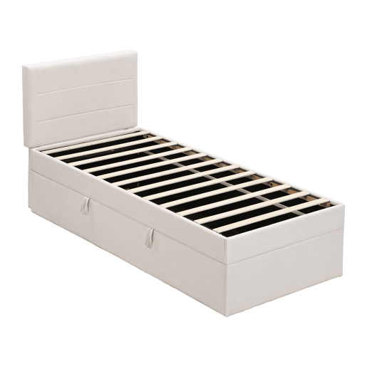 Cama articulada com estrado de ripas - 90x200 cm - tecido de linho - Bege