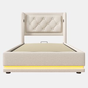 Cama contentora estofada de 90 x 200 cm em tecido de algodão - com função de carga e LED ao pé da cama - Bege