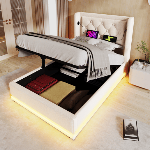Cama contentora estofada de 90 x 200 cm em tecido de algodão - com função de carga e LED ao pé da cama - Bege