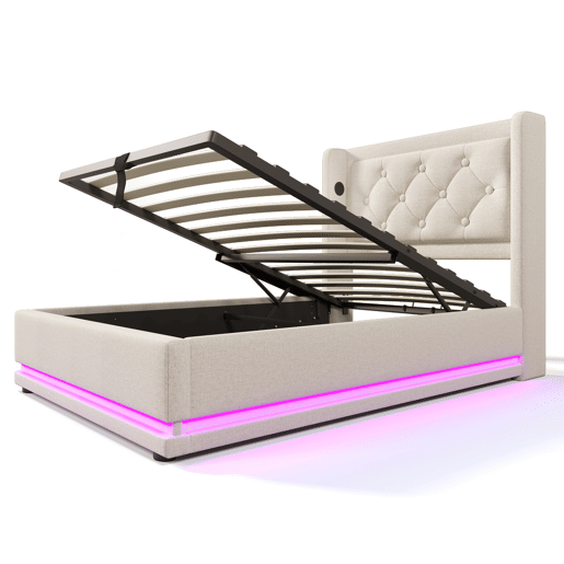 Cama contentora estofada de 90 x 200 cm em tecido de algodão - com função de carga e LED ao pé da cama - Bege