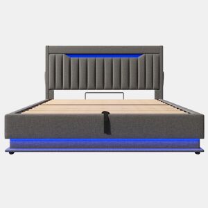 Cama estofada 160x200 cm - Cabeceira com arrumação, portas USB e Tipo-C, iluminação LED, arrumação hidráulica - Cinza