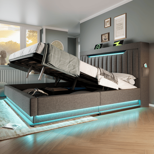 Cama estofada 160x200 cm - Cabeceira com arrumação, portas USB e Tipo-C, iluminação LED, arrumação hidráulica - Cinza