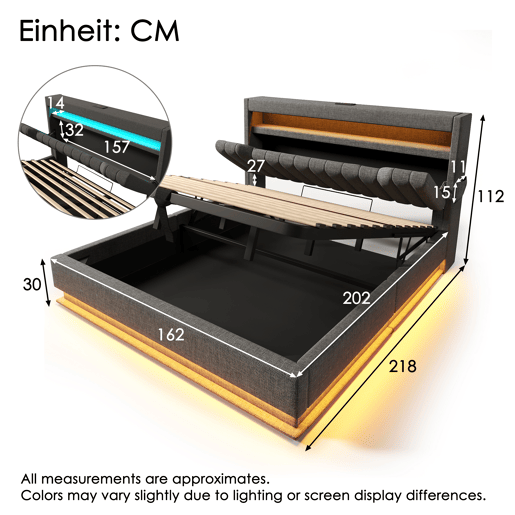 Cama estofada 160x200 cm - Cabeceira com arrumação, portas USB e Tipo-C, iluminação LED, arrumação hidráulica - Cinza