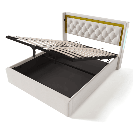 Cama estofada LED 140x200 - Estante com arrumação, função de carregamento USB Tipo C, cabeceira, estrutura em algodão - Bege
