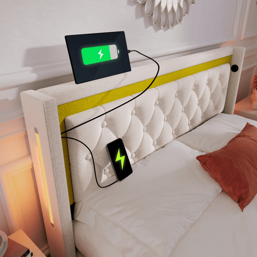 Cama estofada LED 140x200 - Estante com arrumação, função de carregamento USB Tipo C, cabeceira, estrutura em algodão - Bege