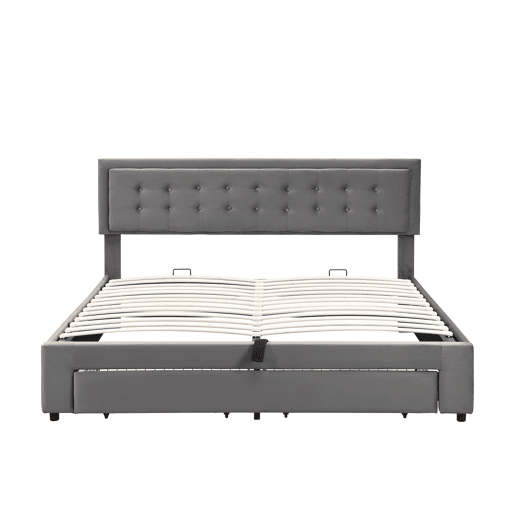 Cama contentora estofada em veludo 160x200cm - com gaveta e estrado de molas - Cinzento (sem colchão)