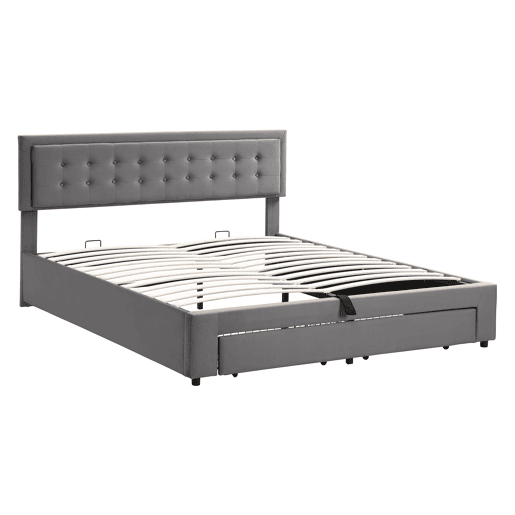 Cama contentora estofada em veludo 160x200cm - com gaveta e estrado de molas - Cinzento (sem colchão)