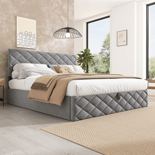 Cama estofada 140x200 - Cama funcional hidráulica com estrado e arrumação - Cinza