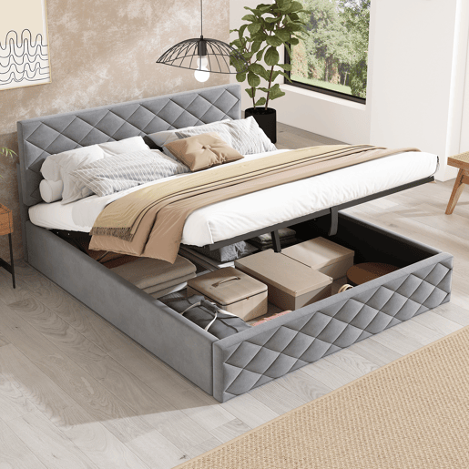 Cama estofada 140x200 - Cama funcional hidráulica com estrado e arrumação - Cinza