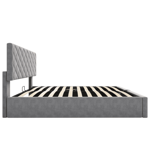 Cama estofada 140x200 - Cama funcional hidráulica com estrado e arrumação - Cinza