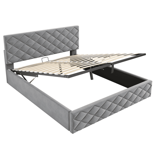 Cama estofada 140x200 - Cama funcional hidráulica com estrado e arrumação - Cinza