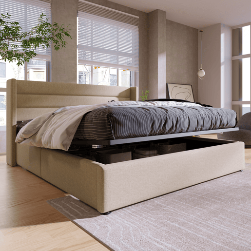 Cama de arrumação em linho 140x200 cm com estrado de ripas - Bege