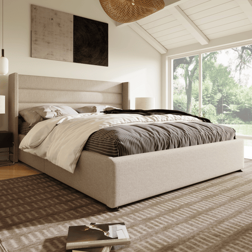 Cama de arrumação em linho 140x200 cm com estrado de ripas - Bege