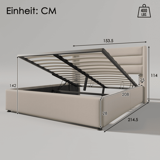 Cama de arrumação em linho 140x200 cm com estrado de ripas - Bege