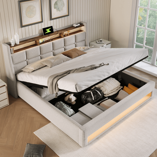 Cama para arrumação de roupa de cama 160x200 cm com LED e portas USB - estrado - bege