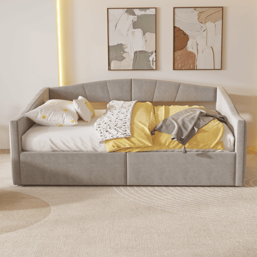 Sofá-cama 140 x 200 cm - Com armazenamento hidráulico, com estrado e apoios de braços, riscas clássicas, multifuncional, tecido veludo, cinzento claro