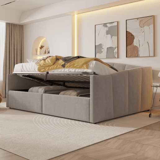 Sofá-cama 140 x 200 cm - Com armazenamento hidráulico, com estrado e apoios de braços, riscas clássicas, multifuncional, tecido veludo, cinzento claro