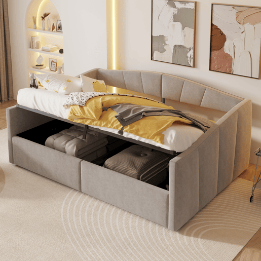 Sofá-cama 140 x 200 cm - Com armazenamento hidráulico, com estrado e apoios de braços, riscas clássicas, multifuncional, tecido veludo, cinzento claro