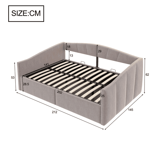 Sofá-cama 140 x 200 cm - Com armazenamento hidráulico, com estrado e apoios de braços, riscas clássicas, multifuncional, tecido veludo, cinzento claro
