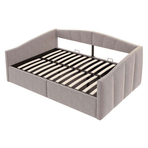 Sofá-cama 140 x 200 cm - Com armazenamento hidráulico, com estrado e apoios de braços, riscas clássicas, multifuncional, tecido veludo, cinzento claro
