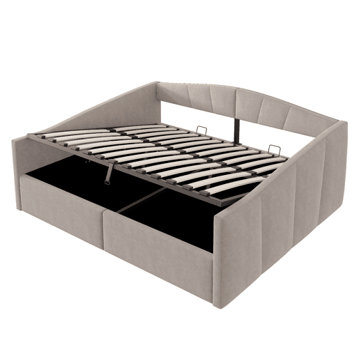 Sofá-cama 140 x 200 cm - Com armazenamento hidráulico, com estrado e apoios de braços, riscas clássicas, multifuncional, tecido veludo, cinzento claro