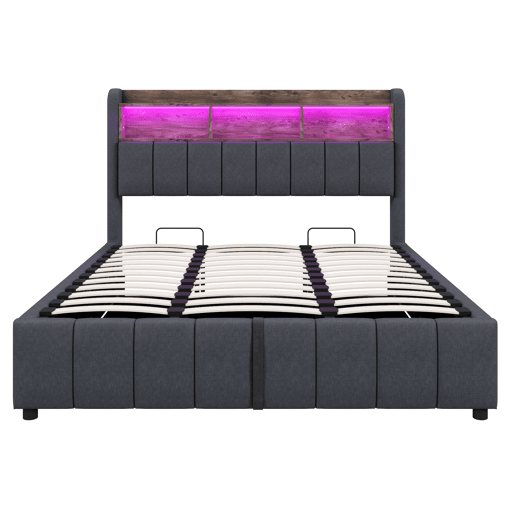 Cama estofada 180*200 cm - Com iluminação LED, tomada USB, cabeceira com prateleiras e arrumação, com sistema hidráulico para arrumação - Cinza