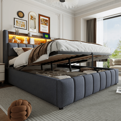Cama estofada 180*200 cm - Com iluminação LED, tomada USB, cabeceira com prateleiras e arrumação, com sistema hidráulico para arrumação - Cinza