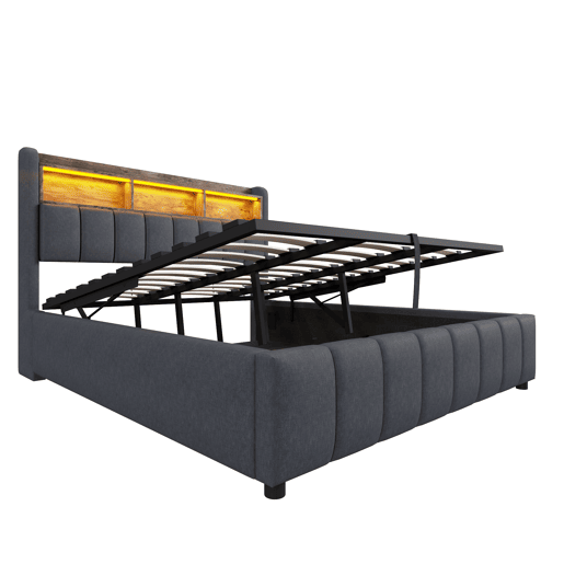Cama estofada 180*200 cm - Com iluminação LED, tomada USB, cabeceira com prateleiras e arrumação, com sistema hidráulico para arrumação - Cinza