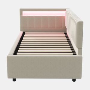 Sofá-cama 90x200 - com LED, armazenamento hidráulico, design com riscas verticais, cabeceiras laterais ajustáveis, estrado, veludo - Bege