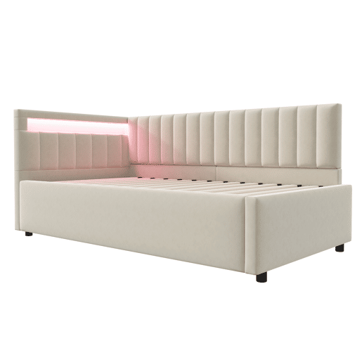 Sofá-cama 90x200 - com LED, armazenamento hidráulico, design com riscas verticais, cabeceiras laterais ajustáveis, estrado, veludo - Bege