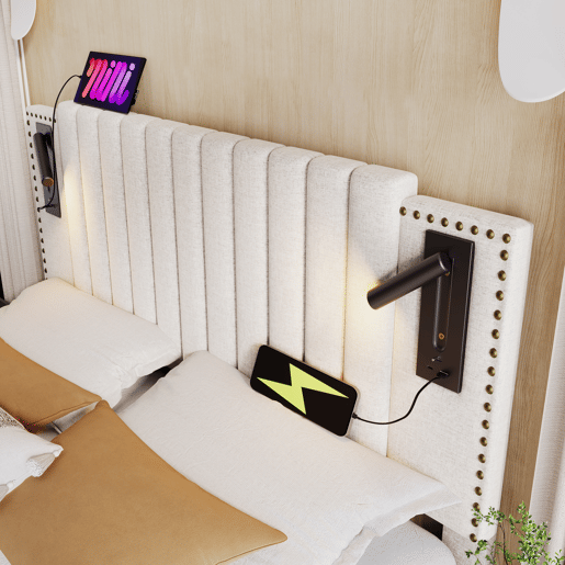 Cama estofada 140x200 cm - Cama de casal com arrumação, luz de leitura com porta USB, encosto com design de rebites, estrado e canapé, algodão - Bege