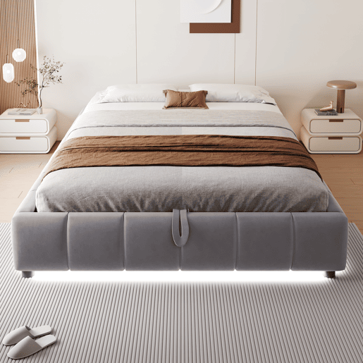Cama individual 140x200 cm - Sem cabeceira, com faixa LED (cor única), estrutura de cama flutuante hidráulica com arrumação - Cinza