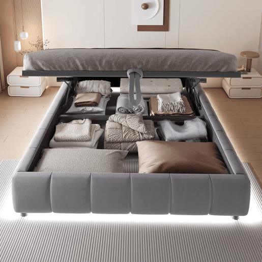 Cama individual 140x200 cm - Sem cabeceira, com faixa LED (cor única), estrutura de cama flutuante hidráulica com arrumação - Cinza